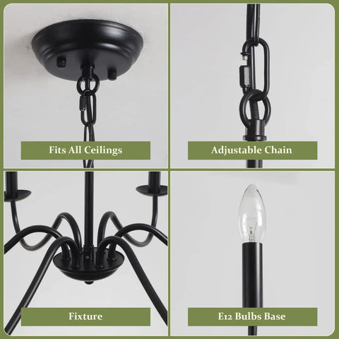 Detailed view of Black 6 Light Modern Farmhouse Chandelier with adjustable chain, E12 bulb base, and ceiling fitting.