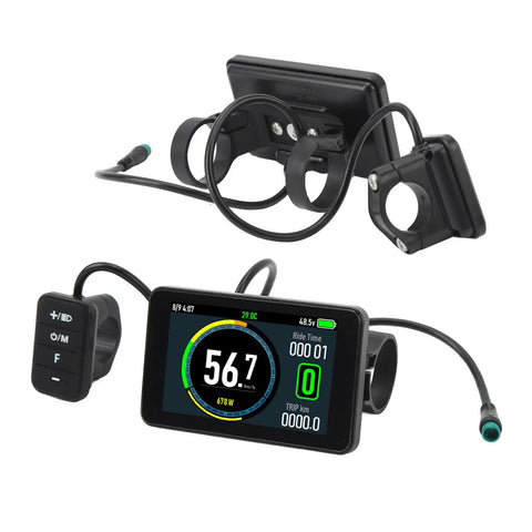 Universal Electric Bike LCD Display with Waterproof 5 Pin Connector, 24V-72V, showing speed and battery status, ABS material.