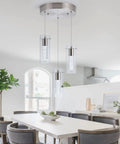 Slick Modern 5 Light Pendant Ceiling Light With Brushed Nickel Finish For Kitchen Island And Dining Room, adjustable above dining table.