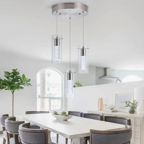 Slick Modern 5 Light Pendant Ceiling Light With Brushed Nickel Finish For Kitchen Island And Dining Room, adjustable above dining table.