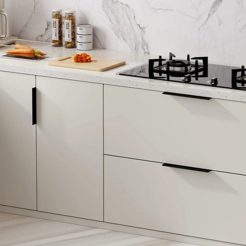 10 Pack Black 3 Inch Edge Finger Cabinet Pulls With 76mm Center To Center 120mm Overall Length on kitchen cabinets