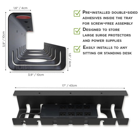 Under Desk Cable Management Kit Set Of 2 With Ducts And Tray showing black cable basket design and adhesive installation detail.