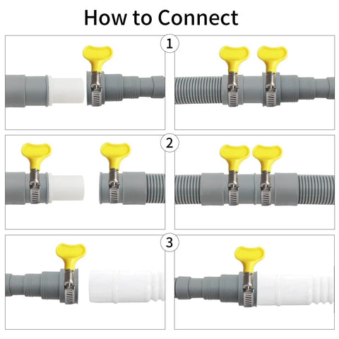 How to connect No Sweat 10 Foot Washing Machine Drain Hose Extension Kit With Universal Couplers, step-by-step guide showing PVC fittings.