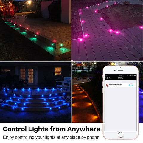 Outdoor paths with 20 Pack WiFi RGBW Deck Light Kit With Remote, Voice Control, Alexa And Google Assistant, black, low voltage, IP67 waterproof