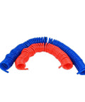 Badass Boss Level PU Air Compressor Hose Tube Featuring Slick Flexible Spring Coil Build And Quick Snap Connector For Easy Maintenance And Tough Garage Auto Work in blue and red coiled design.