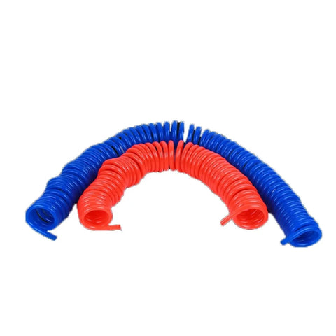 Badass Boss Level PU Air Compressor Hose Tube Featuring Slick Flexible Spring Coil Build And Quick Snap Connector For Easy Maintenance And Tough Garage Auto Work in blue and red coiled design.