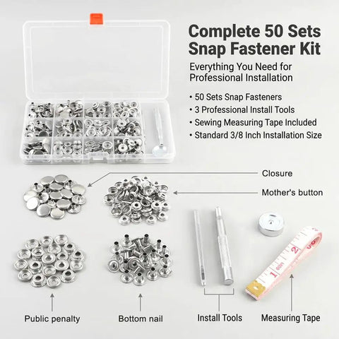 Top Shelf Stainless Steel Snap Fastener Kit Includes Two Hundred Pieces For Leather Heavy Canvas And Garment Repair Built Solid As A Rock With Zero Rust Headaches Everyday, organized in a clear box with tools.