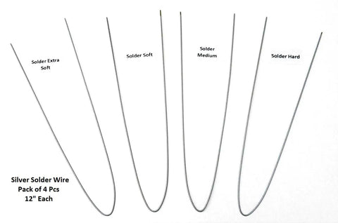 Silver Solder Wire Kit Four Grades Extra Soft Soft Medium And Hard 12 Inch Length Each Ideal For Jewelry Making Soldering Projects Durable USA Made And Ready For Precise Repairs And Crafting, displayed in four labeled strands.