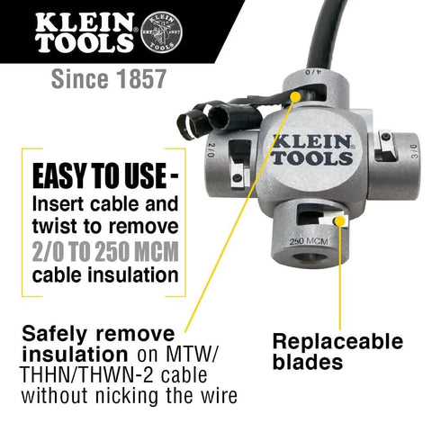 Large Cable Stripper For 2/0 To 250 MCM Cables With Clover Design and replaceable blades shown in use.