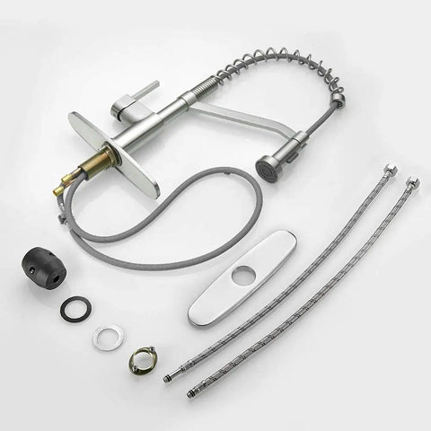 Brushed Nickel Kitchen Faucet With Pull Down Sprayer, Single Handle, Single Hole Mount parts and accessories layout.