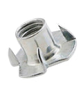Close-up of Four Claw T Nut Set For Woodworking M10 X 13 Zinc Plated Blind Pronged Insert Tee Furniture Hardware