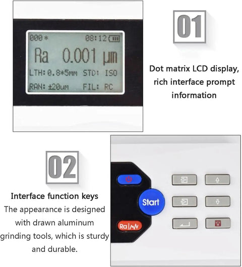 Handheld Surface Roughness Tester With LCD Display And Diamond Probe, 0.001 Micron Precision Profilometer For Metal Surfaces, Rechargeable, Pro-Grade Readouts For Planes, External, Bore, Grooves, And Tapered Surfaces. LCD readout and function keys