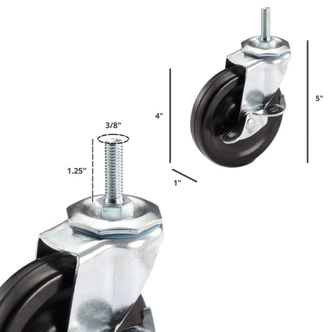 Caster Wheels Kit For Wire Shelving 4 Inch Diameter By 1 Inch Wide Casters With Two Locking Brakes And Two Non Locking Brakes detailed size view.