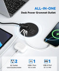 Slick Recessed Desk Power Grommet With 20W Usb C Fast Charging And Dual Usb Ports Flush Mount Strip for office tables, showing AC outlets and USB ports.