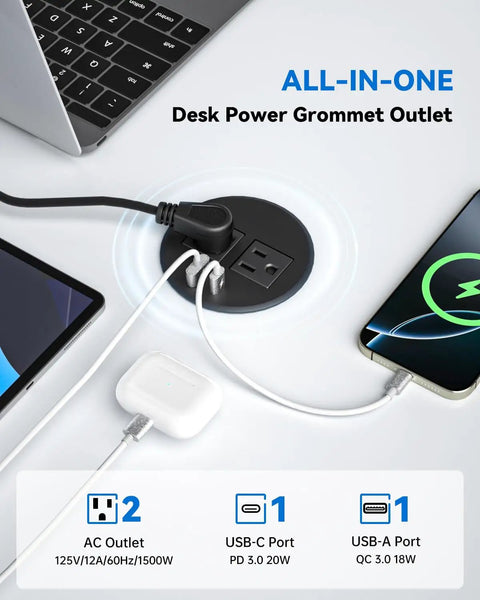 Slick Recessed Desk Power Grommet With 20W Usb C Fast Charging And Dual Usb Ports Flush Mount Strip for office tables, showing AC outlets and USB ports.