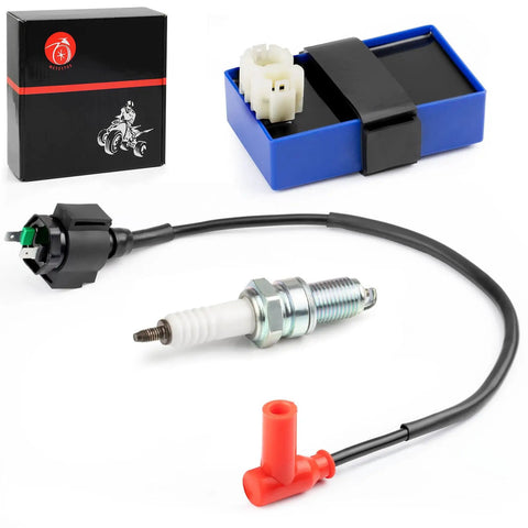 Beefed Up CDI Box Igniter and Ignition Coil Spark Plug Kit For Foreman 400 TRX400FW 4x4 1995 1996 1997 2003 OEM Parts 30410 HM7 003 30510 HM7 003 Replacement Kit with components displayed