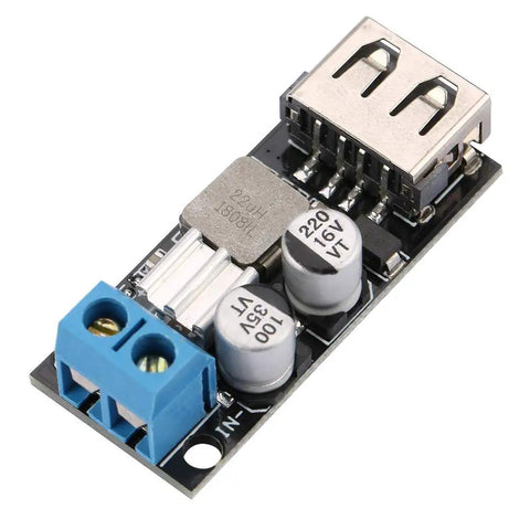 Slick And Solid Dc Dc Buck Converter Step Down Voltage Regulator Module 6V To 32V To 5V With Usb Quick Charge Port and screw terminals.