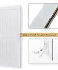36x84 Inch Bypass Barn Door With 6.6 Ft Track Kit in white, showing water-resistant PVC surface and durability against scratches, with cat illustration.