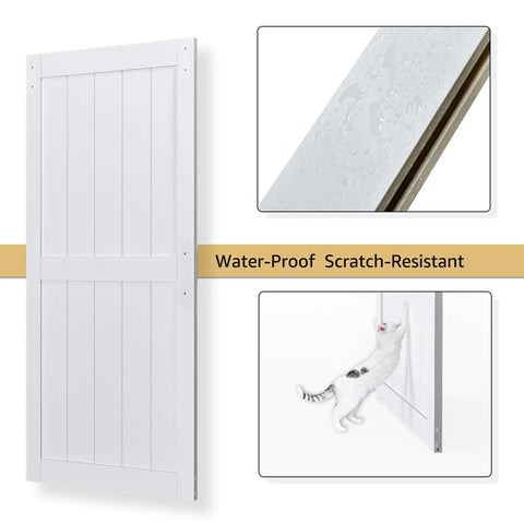 36x84 Inch Bypass Barn Door With 6.6 Ft Track Kit in white, showing water-resistant PVC surface and durability against scratches, with cat illustration.