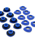 No Sweat Snap N Tap Grommets For Canvas And Tarp Jobs Solid Plastic Fasteners in blue and black, suitable for repairs.