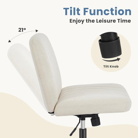 Armless Swivel Desk Chair No Wheels With Wide Seat For Home Office And Vanity Comfy Criss Cross Design side view tilt feature