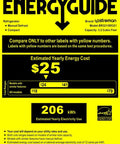 Energy Guide label for Upstreman 3.2 cu ft mini fridge, model BR321/SR321, 206 kWh/year, yellow with black text.