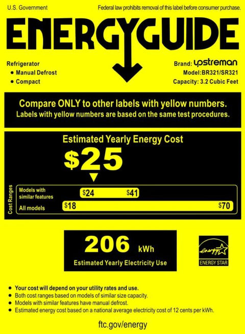 Energy Guide label for Upstreman 3.2 cu ft mini fridge, model BR321/SR321, 206 kWh/year, yellow with black text.