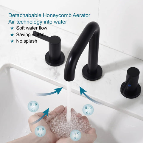 8 Inch Widespread Black Bathroom Faucet For 3 Hole Sink With Drain Dual Lever Handle Drip Free Ceramic Valves in use