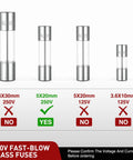 250V fast blow glass fuses comparison showing sizes 6x30mm, 5x20mm, and 3.6x10mm for auto electrical repair.