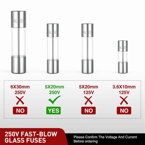 250V fast blow glass fuses comparison showing sizes 6x30mm, 5x20mm, and 3.6x10mm for auto electrical repair.