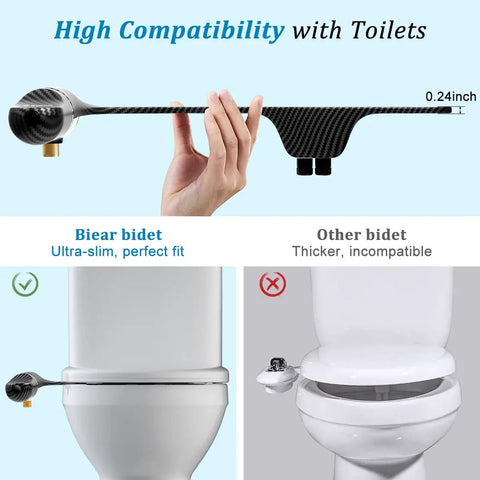 Ultra Slim Dual Nozzle Bidet Attachment For Toilet With Adjustable Water Pressure Non Electric Fresh Cold Water Seat Attachment For Feminine And Posterior Wash No Fuss Easy Install Black showcased in hand, 0.24-inch thick, compatible with most toilet seats.