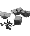 Black Nylon Sliding Door Rollers Replacement Kit With 4 Wheels, 16 Screws, 1 Small Screwdriver, And Transparent Storage Box, Includes 2 Sets For Closet Cabinet And Wardrobe Doors, Durable Metal And Plastic Construction For Smooth Quiet Sliding, showing various parts including rollers and screws.