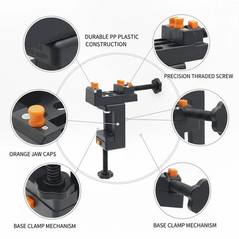 Compact Mini Bench Vise Perfect For Jewelry Making And Model Building, Durable PP Plastic Desktop Clamp with orange jaw caps.