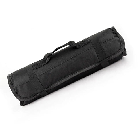 Portable Canvas Knife Roll Bag For Chef Knives And Cutlery, Heavy-Duty Knife Storage Case shown closed in black fabric