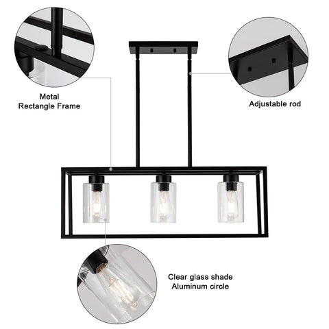 Farmhouse Kitchen Island Pendant Lighting Fixture With Clear Glass Shades, 3-Light Dope Modern Contemporary Chandelier, easy install details