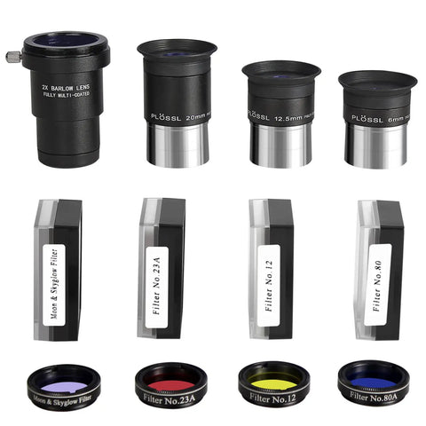 Epic 1.25 Inch Astronomy Accessory Kit with Plössl Eyepieces, 2X Barlow Lens, and Colored Filters for Stargazing Gear