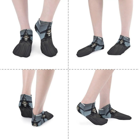 Four views of Death Scythe Ankle Socks With Moisture Wicking Tech Breathable Low Cut Hosiery For Casual Sports Unisex Comfort