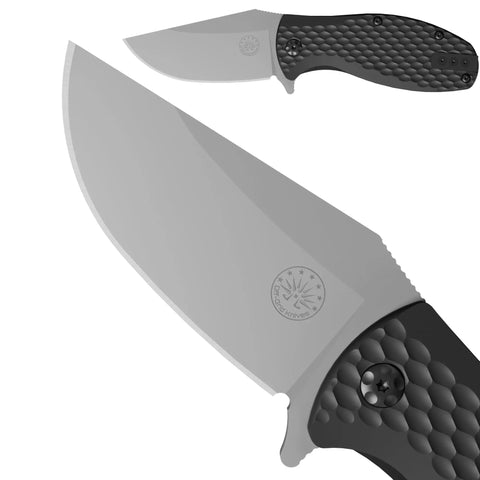 Badger EDC Folding Knife With Sandvik 14C28N Blade Ball Bearing Pivot G10 Scales Grid Lock Ambidextrous Deep Carry Clip Tumbled Stone Finish For Serious Everyday Carry And Hard Use, close-up open blade