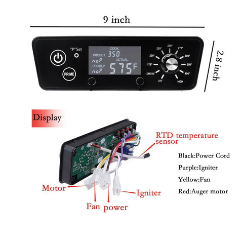 Digital With LCD Display Thermostat Kit For Pellet Grill Smoker Austin XL showing 9x2.8 inch display and wiring diagram
