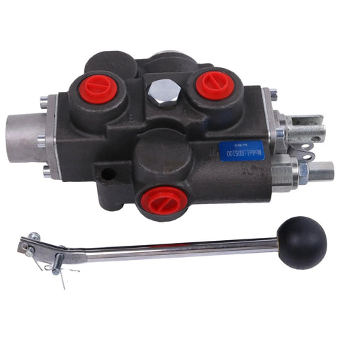 4-way hydraulic control valve, 3-position with lever; black body with red port plugs, 3/4" NPT in/out, 1/2" NPT work ports