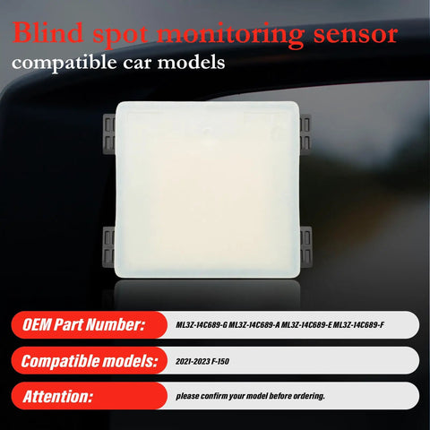 Beast Grade Blind Spot Detection Sensor Upgrade For Ford F150 Escape Expedition Lightning And F250 Super Duty Plug And Play Ml3z14c689 on a black background, showcasing sensor compatibility details.