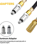 Automotive leak-down tester adapters; two aluminum adapters with brass fittings and hoses