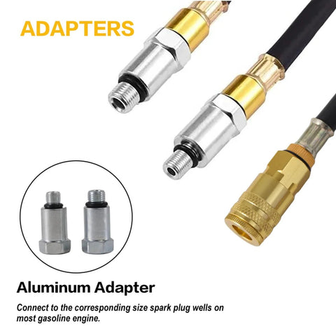 Automotive leak-down tester adapters; two aluminum adapters with brass fittings and hoses