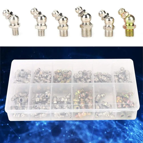 130 Piece Grease Fitting Set With 45 Degree And Straight Nipples For Automotive And Industrial Maintenance in storage box