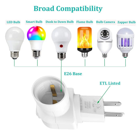 Plug In Light Socket Adapter From Outlet To Socket 360 Degree Rotating Plug With On Off Switch ETL Listed White Fire Retardant PC