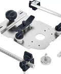 LR 32 Hole Drilling Set For Plunge Routers Of 1010 And 1400 with centering mandrel, guide plate, linear and edge stops visible