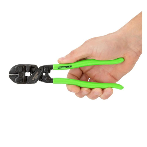Hand holding Beefy 8 Inch Heavy Duty Bolt Cutter with Induction Hardened Blades for Nails Locks Rivets and Fence Work