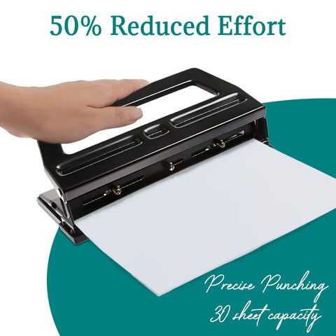 Workhorse Adjustable 3 Hole Punch for 30 Sheets Heavy Duty Steel Hole Puncher With Removable Chip Tray Precise Paper Guide
