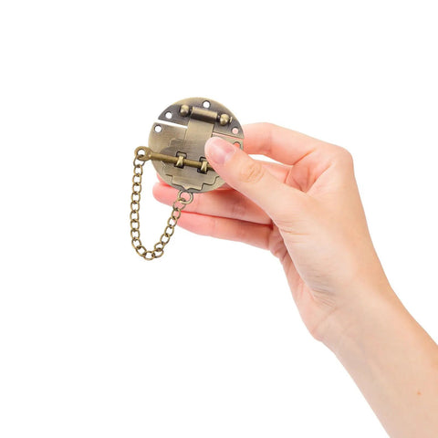 Retro Iron Alloy Hasp Latch Tower Buckle Chain Lock For Vintage Jewelry Chest Treasure Display Case Storage Security Secure Small Gift Box Keepsake Container held in hand.