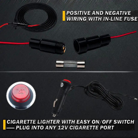 Connection cables for Lit Under Car LED Underglow Kit With App Control, including cigarette lighter plug and in-line fuse.